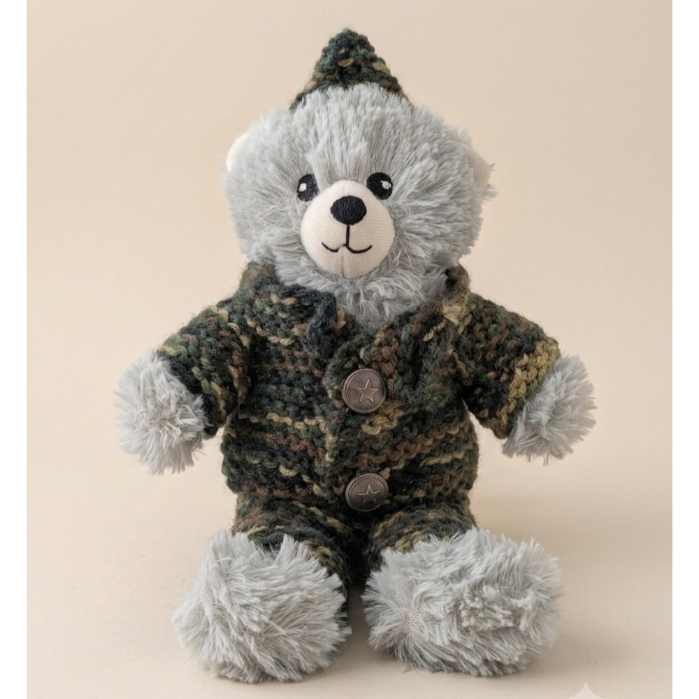 12" Gray Fuzzy Friends Teddy Bear Handmade Knit Camo Military Outfit Beret Plush